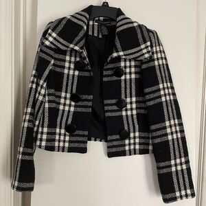 Sz 4: Wool Grace Elements Open Front Cropped Blazer Lined Black/White Plaid